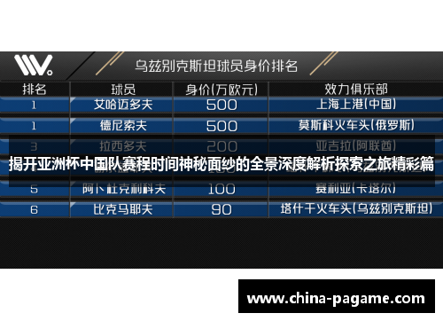 揭开亚洲杯中国队赛程时间神秘面纱的全景深度解析探索之旅精彩篇